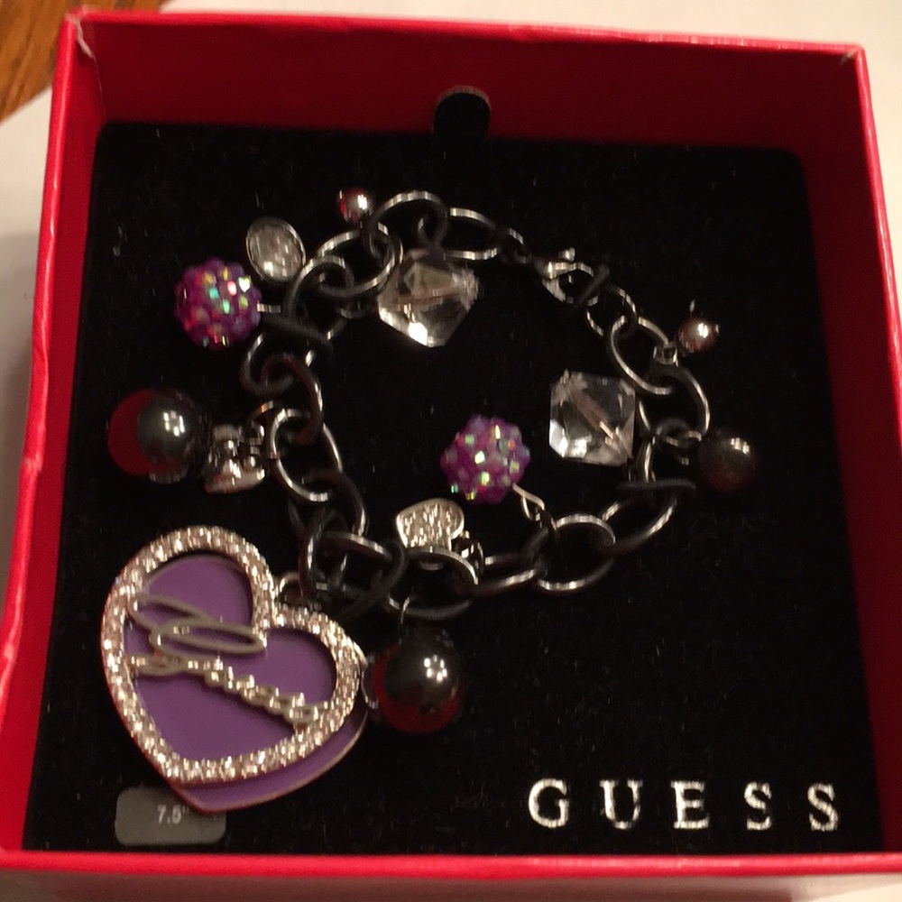 NIB Guess Blk-Slvr Metal Purple Heart Bracelet